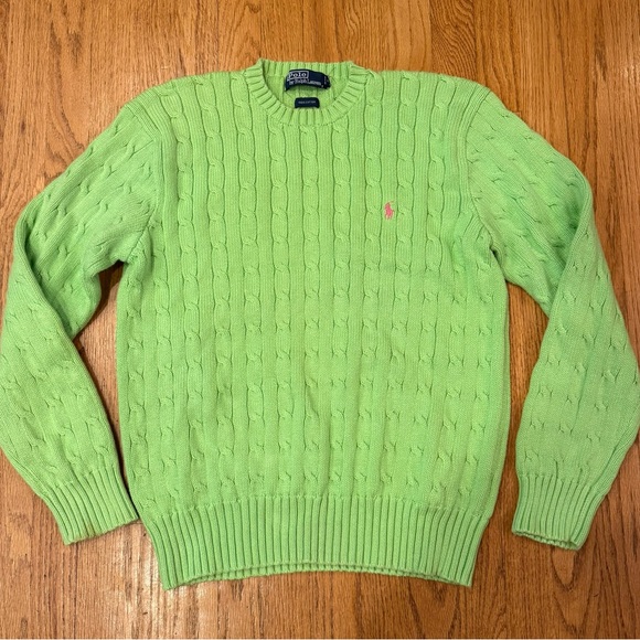 Polo Ralph Lauren green cotton cable-knit preppy sweater pink embroidered pony - Picture 7 of 10